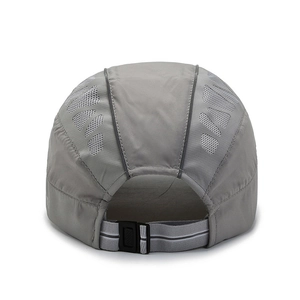 Rear view of grey quick-dry breathable mesh cap with adjustable buckle and nylon fabric