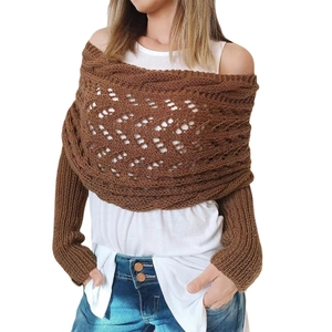 Brown hollow out knitted long shawl scarf with sleeves for women casual autumn wear