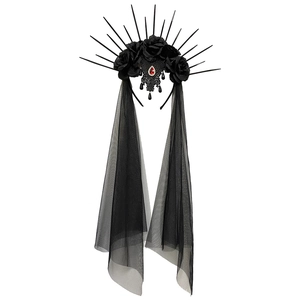 Gothic Halloween bridal crown with black roses, red gem, spikes and trailing lace veil