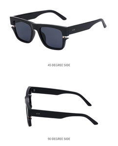 Black square polarized sunglasses with grey lenses shown in side views and hinge details