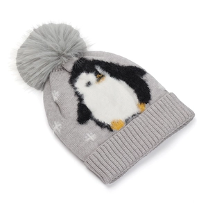 Winter gray knitted hat with cute penguin pattern and large fluffy faux fur pompom