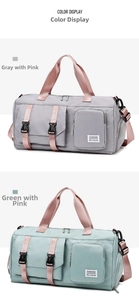 Detailed color display of large gym bags in grey-pink and green-pink with shoe compartments