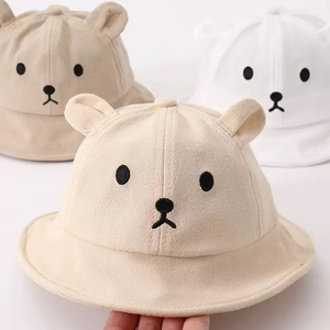 Cute baby sun bucket hats with bear ears and embroidery in beige, khaki, and white