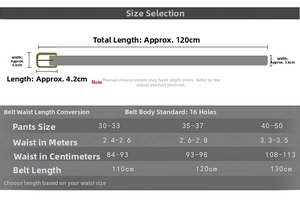 Detailed size chart showing canvas belt length 120cm and buckle dimensions of 5x4.2cm