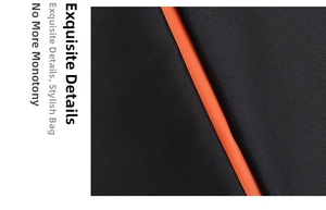 Detail of black laptop sleeve with durable nylon fabric and bright orange leather piping