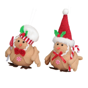 Set of 2 gingerbread bird ornaments with red Christmas hats for tree decoration