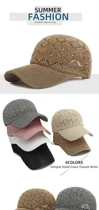Detail of breathable knitted hollow pattern on six color options of baseball caps