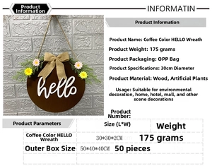 Macro detail of 30cm wooden hello wreath with rustic burlap bow and faux greenery