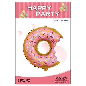 Pink donut foil balloon with colorful sprinkles for birthday party decor, size 72x48cm