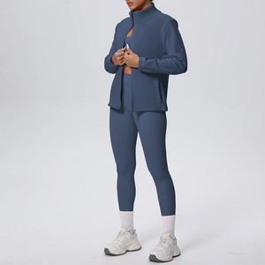Completo yoga blu scuro 3 pezzi con giacca a zip, reggiseno sportivo e leggings a vita alta