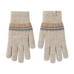 Detail of beige knit gloves featuring Nordic pattern and grey touch screen fingertips