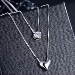 Korean Style Copper Double Layer Necklace With Heart And Round Zirconia Pendants Silver Color Fashion Women Jewelry Gift
