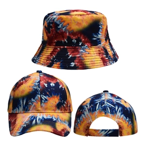Detail view of tie-dye bucket hat and baseball cap set with vibrant artistic patterns