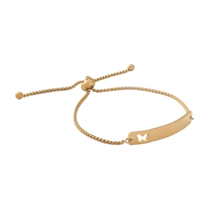 Close-up of golden stainless steel bar bracelet featuring a hollow butterfly pattern