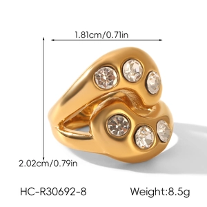 Detailed size view of a gold wide stainless steel ring with zircon insets on white