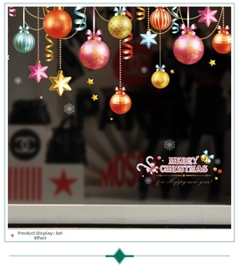 Detail of colorful Christmas ball window decals with stars and Merry Christmas text
