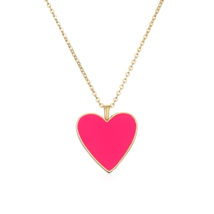 Pink heart pendant necklace with gold chain and frame on a clean white background