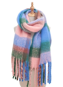 Detailed close-up of colorful plaid scarf showing soft loop yarn texture and fringe trim