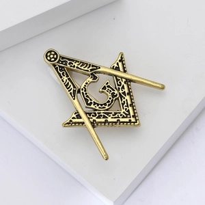 Vintage gold Freemasonry lapel pin with square and compass symbol for men's suit