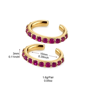 Gold plated ear hoops with magenta cubic zirconia showing 10mm inner diameter and 3mm width