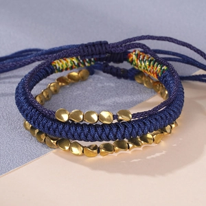 Handmade Braided Bracelet And Irregular Alloy Copper Bead Bangle Navy Blue Cord Adjustable Vintage Style Unisex Couple Jewelry