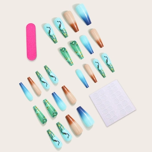 Peacock feather long trapezoid press-on nail set with blue and beige gradient