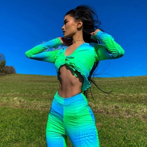 Sexy mesh gradient crop top with long sleeves and matching high waist slim trousers