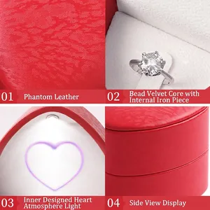 Iridescent red PU leather ring box with built-in heart-shaped LED light and velvet lining