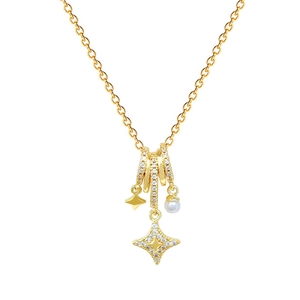 Gold titanium necklace with pearl star pendant and sparkling zircon rings on white background
