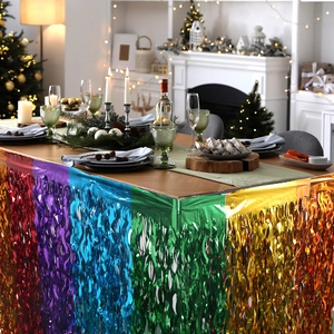 Close-up of rainbow metallic foil fringe table skirt for festive party dining decor