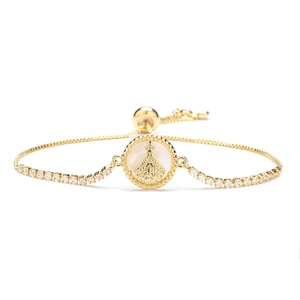 Adjustable 3mm copper bracelet with gold finish, shell pendant and micro-set cubic zirconia