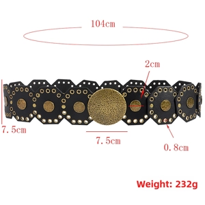 Detailed size map of vintage wide belt with bronze metal buckle and 104cm total length