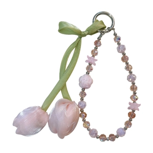 Fabric tulip beaded phone chain keychain bag pendant with green ribbon and crystal beads.