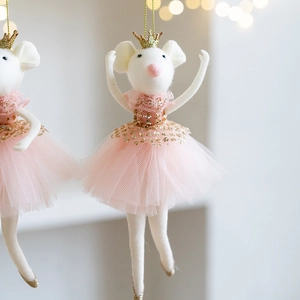 Pink tulle tutu gold crown mouse hanging ornament, cute felt Christmas tree holiday decor item.
