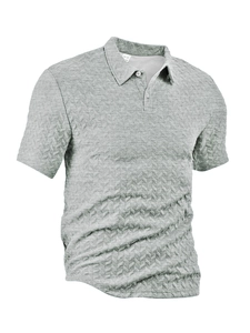 Detail of light gray polo shirt featuring textured knit pattern and buttoned collar