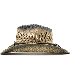 Détail d'un chapeau de cowboy en paille dégradée montrant le tissage et la bande