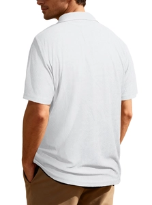 Detailed back view of a white men's polo shirt showing the fine waffle texture fabric