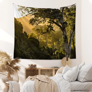 Bohemian forest landscape tapestry for wall decoration with sunbeam woodland scenery