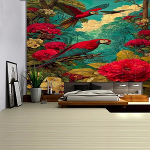 Detail of tropical rainforest tapestry featuring macaws and red flowers in bedroom