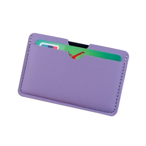 Slim purple litchi grain leather card holder with three slots and white stitching