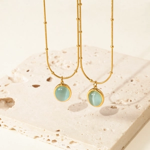 Anhänger Halskette Titanstahl 18K Vergoldet Ovaler Katzenaugenstein Schlüsselbein Perlenkette Eleganter Schmuck Damen