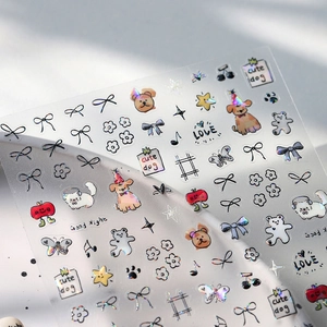 Holographic cartoon dog nail stickers with ribbons and floral patterns for nail art