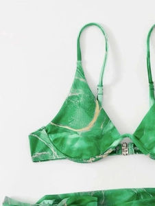 Detail of green marble bikini top with ribbed fabric and front silver metal buckle
