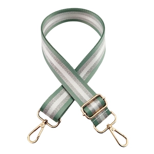 Adjustable green and silver stripe wide shoulder strap with gold metal lobster clasps