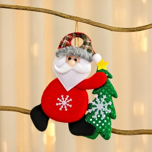 Christmas Santa felt ornament with green sequin tree and silver snowflake hanging on branch