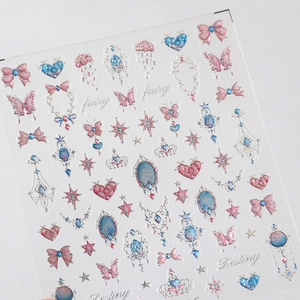 Macro view of butterfly nail stickers with glitter finish and gradient pink-blue tones