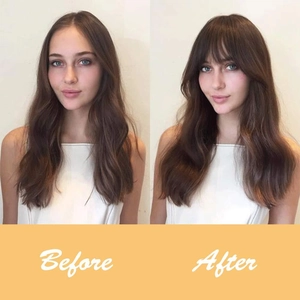 Before and after comparison of synthetic hair bangs extension with sideburns in brown