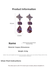 Detail view of purple crystal floral teardrop earrings with dimensions and weight specs