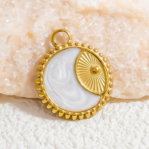 Golden sunburst round pendant with white enamel inlay for necklaces and bracelets