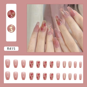 Rose gold foil and floral coffin press-on nails set with elegant hand-painted patterns